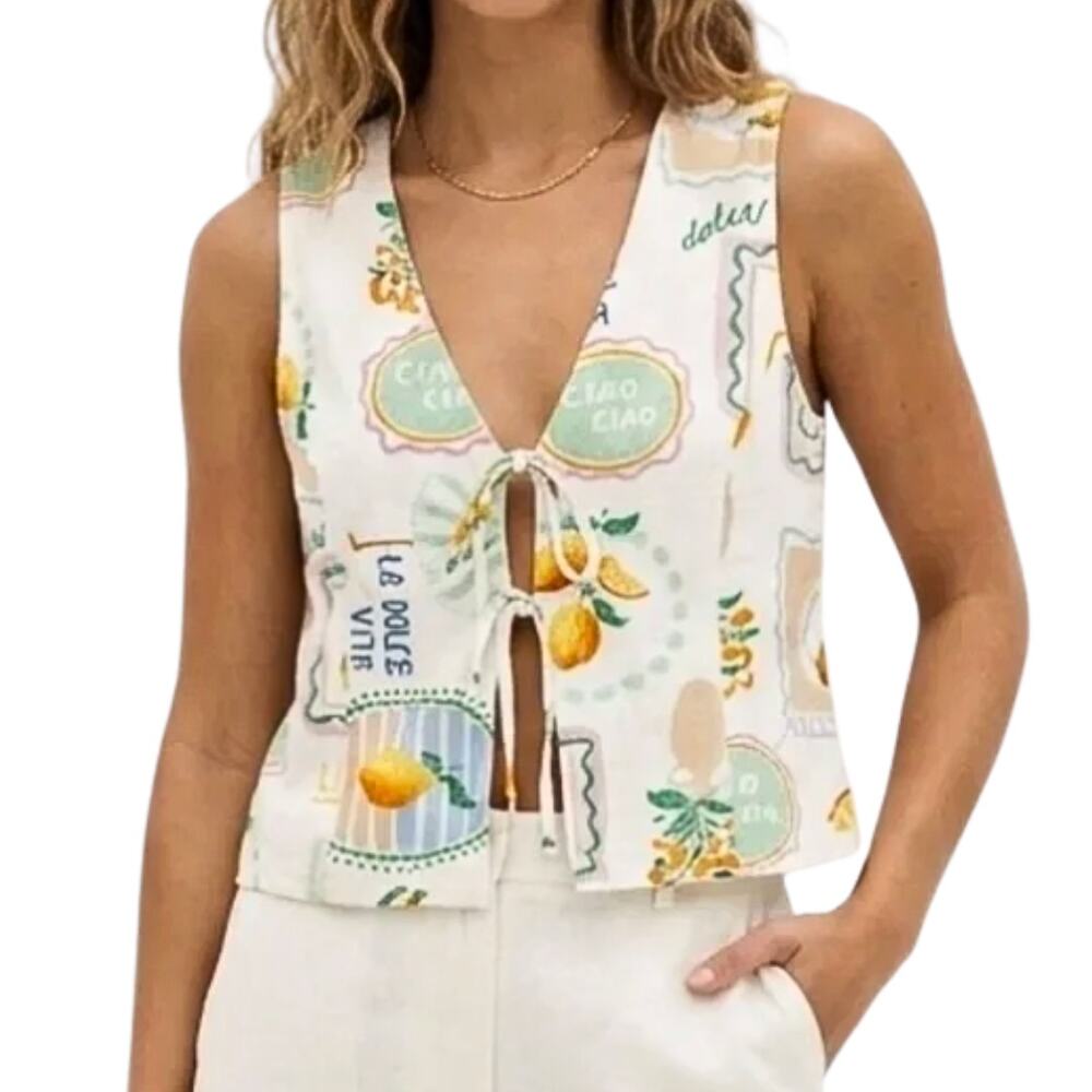 Paper Heart Ciao Bella Tie Front Linen Blend Vest Top Lemon Print Sz XS